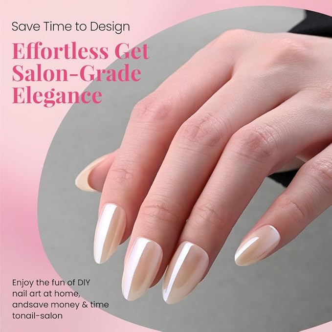 Aurora Chrome Nude Press On Nails Short Almond 30 Pcs, Designer Reusable Acrylic Fake Nails with Glue, Glossy Soft Gel Nails Wedding and Party, Stick On Glue On Nails, Nails fro Women Gift