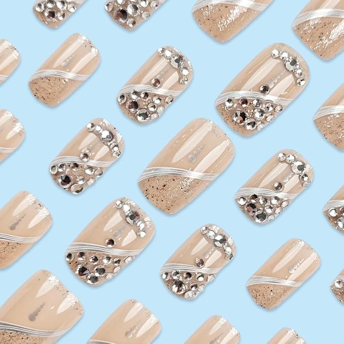 KQueenest Acrylic Press on Nails Short Medium Square, Luxurious Nude Fake Nails Acrylic with Rhinestones, Glue on Nails Short Coffin Sliver Stripes Sequins Full Cover False Nails For Women 24 Pcs