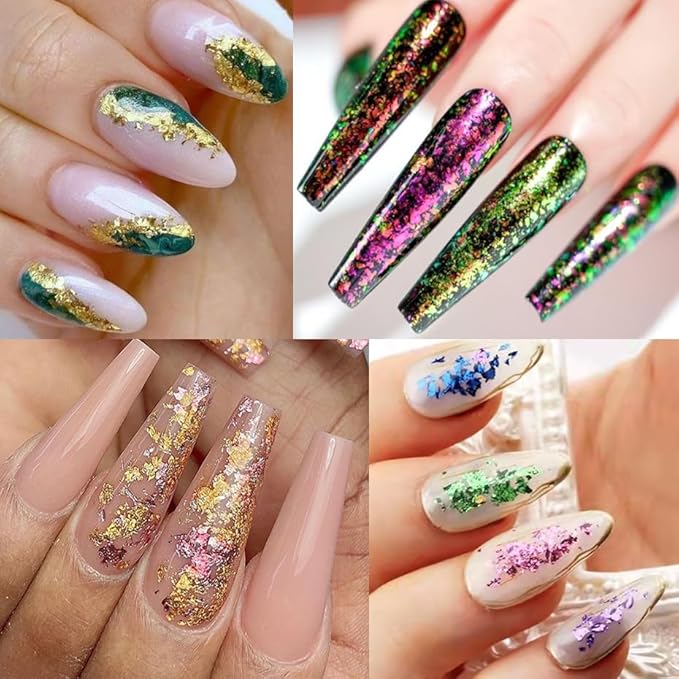 24Grid Aurora Opal Iridescent Nails Mermaid Flake Powder,Holographic Metal Color Gold Silver Confetti Nail Art Foil Paillettes,Irregular Glitter Sparkly Sequin Design for Manicure Decoration-VivaGrace Women