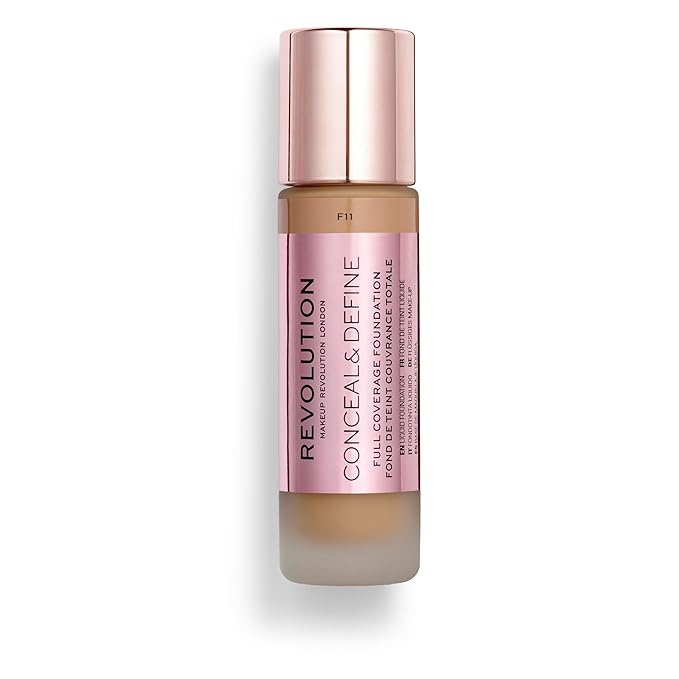 Revolution Beauty, Conceal & Define Foundation, Full Coverage, Long-Lasting Matte Finish, Vegan & Cruelty Free, F11 Medium to Dark Skin Tones, 0.8 Fl.Oz.-VivaGrace Women