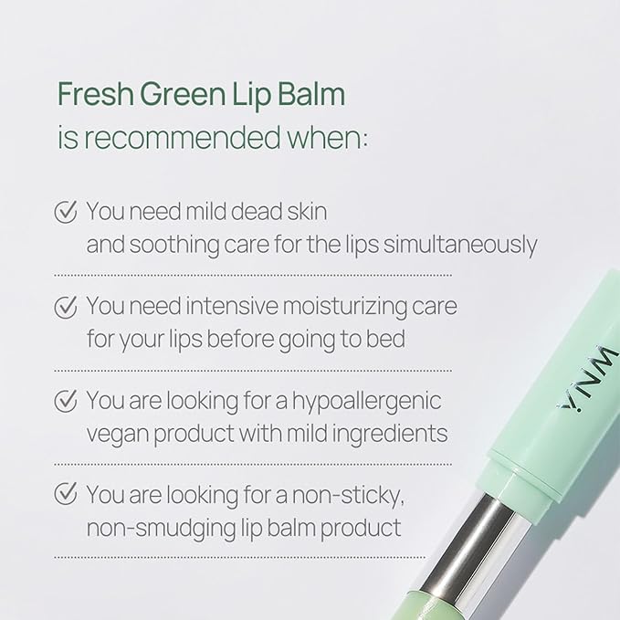 YNM Fresh Green Lip Balm 4g, Certified Vegan, Non-Sticky Sleep Lip Mask, k-beauty, Made in Korea, Irrtation index of 0.000, Super centella complex, Centella asiatica extract-VivaGrace Women