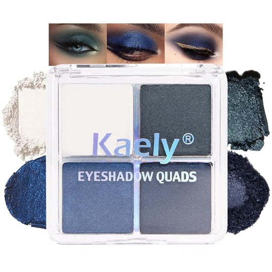 Kaely Powder Eyeshadow Quad, Blue Green Glitter Shimmer Eyeshadow Palette Makeup, Neutral Eye Shadow Palette for Older Women Pigmented Waterproof, sombras para ojos, Blendable, Cruelty-free, 08-VivaGrace Women