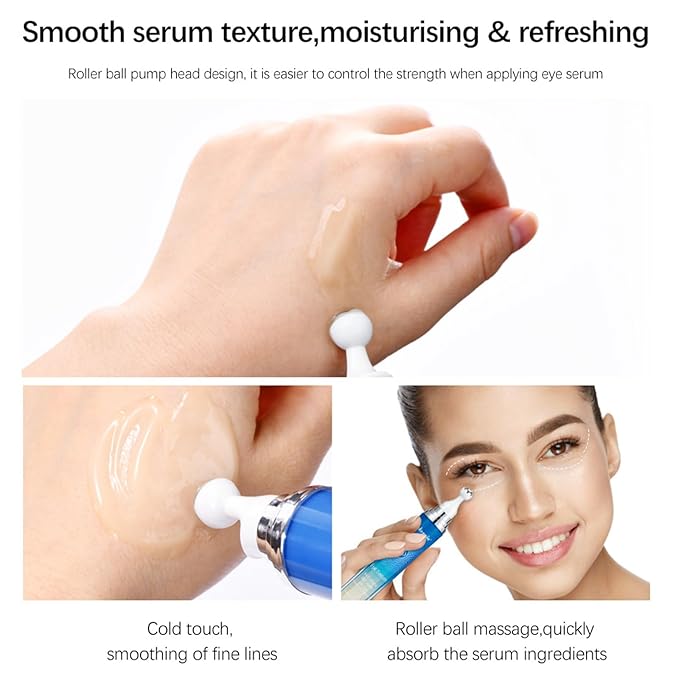 5% Caffeine Eye Serum with 360° Eye Massage Roller Eye Serum for Dark Circles & Relieve Puffiness, Reduce Wrinkles and Fine Lines, Eye Bags, Tighten Lifting Brightening Under Eye Cream-0.5 OZ-VivaGrace Women