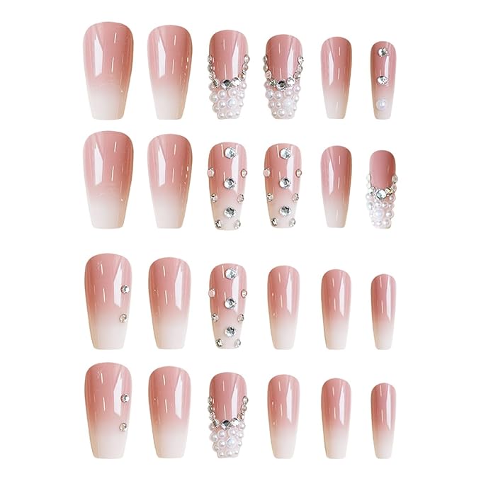 Press on Nails,Long Press on Nails Gradient Fake Nails Pink with Jewelry Design Nails for women and Girls (Lipstick & White)