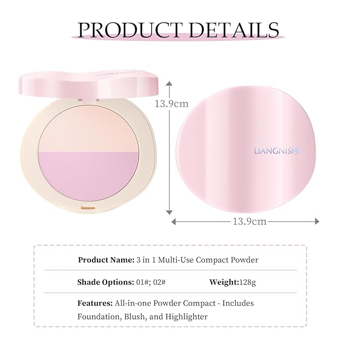 Pink Setting Powder, 3 in 1 Blush Palette with Puff, Highlighter Palette, Fine Texture Blush Pressed Powder, Setting Powder Makeup, Korea Makeup - Purple-VivaGrace Women