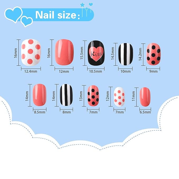 JANYUN 96 Pcs Children False Nails Valentine's Day Short Fake Stick on Nails Kit for Girls Stick on Nails