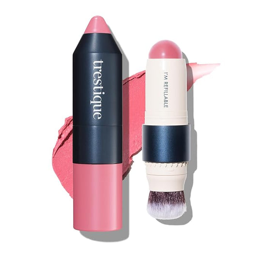 Trestique Blush Stick, Vegan Blush Stick With Built-In Blush Brush, Pink Blush Makeup For Women, Rose Blush Makeup, 2-In-1 Creamy Blush Makeup-VivaGrace Women