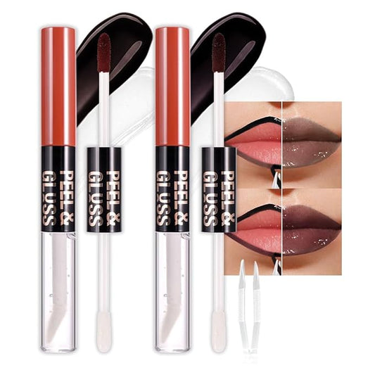 2Pcs Liquid Lip Stain Peel Off Lip liner and Lip oil with Tweezer, Dual-Ended Peel Off Lip Stain Tattoo, Highly Pigmented Long Lasting Waterproof, Transfer-proof for All Skin Types, 06#+07#-VivaGrace Women