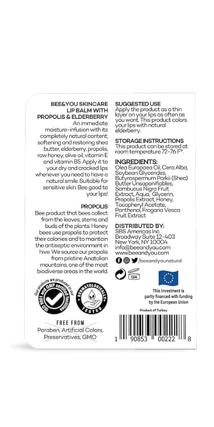 Bee and You Elderberry and Propolis Extract Lip Balm, Beeswax, Shea Butter, Vitamin E, 100% Natural Moisturizing Lip Balm, Chapstick, Chapped Lips Treatment Severe, 10ml-VivaGrace Women