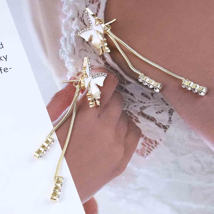 Vintage Crystal Butterfly Earrings Long Rhinestone Dangle Earrings Gold Chain Tassel Earrings Cz Butterfly Stud Earrings Jewelry for Women-VivaGrace Women