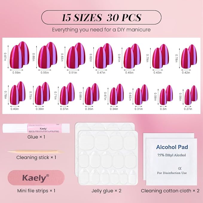 Aurora Chrome Red Press On Nails Short Almond 30 Pcs, Designer Reusable Acrylic Fake Nails with Glue, Glossy Soft Gel Nails Wedding and Party, Stick On Glue On Nails, Nails fro Women Gift