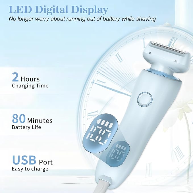 Livora Electric Shaver for Women, 2 in 1 Wet & Dry Bikini Trimmer with 2 Removable Heads, The Glide Pro 3.0 Razor, Painless Hair Removal for Bikini, Legs, Underarms, Body (Blue)-VivaGrace Women