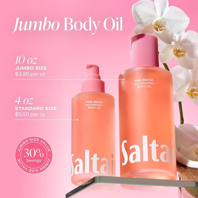 Saltair Body Oil. Jumbo Size Pink Beach After Shower and Bath Oil Moisturizer for Women and Men. Botanical, Non-Greasy, and Well-Absorbing Lotion for Hydrating Dry Skin. 10oz Bottle-VivaGrace Women
