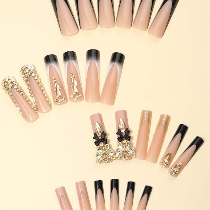 Long Press on Nails Square,Black French Tip False Nails with Glitter Design Hot Girls Nails 24Pcs(Gold & Black)