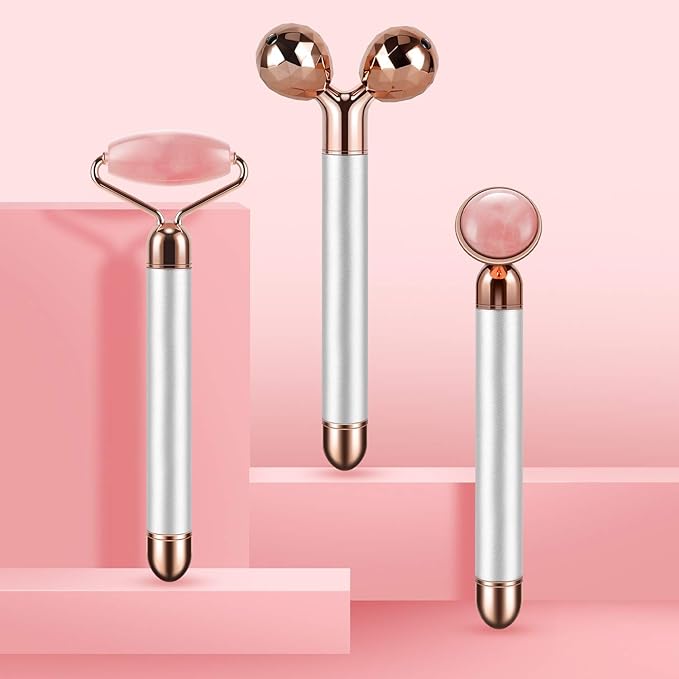 DANGSHAN 3-in-1 Electric Jade Roller 3D Roller Facial Roller & Face Massager, Rose Quartz-VivaGrace Women