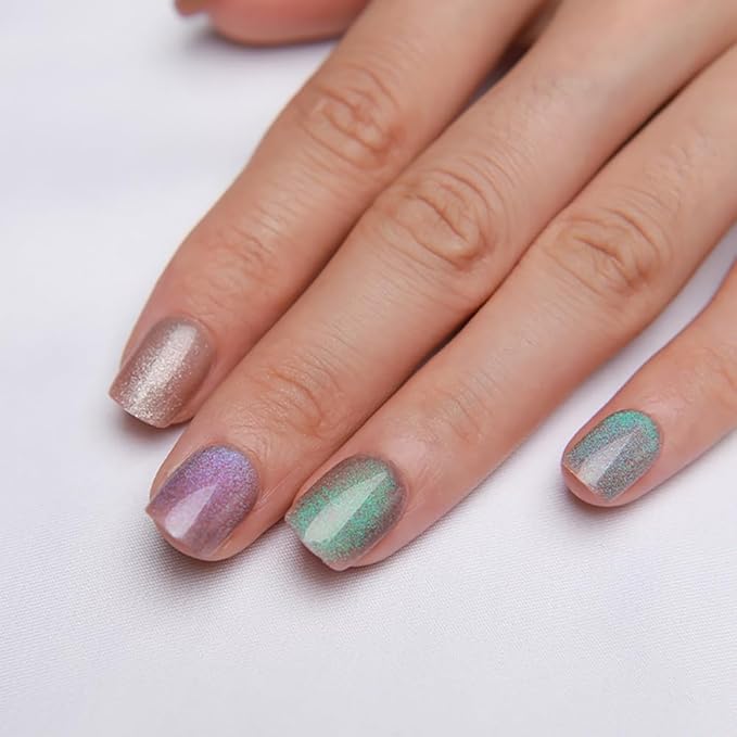 Spring Press on Nails Short Square Four-Color Combination Cat Eye Press on Nails Fashion Gel Fake Nails, Reusable Acrylic Fake Nails Glossy Stick on Nails for Women Glue on Nails Kit, Iridescent Jewel