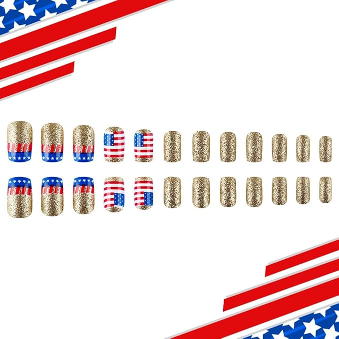 Independence Day Press on Nails Medium Square Fake Nails with Red Blue American Flag Design Gold Glitter False Nails Patriotic Glossy 4th of July Acrylic Nails for Women Girls Manicure 24Pcs