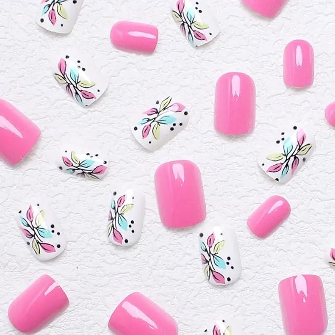 24Pcs Flower Press on Nails Short Square Fake Nails with Designs Cute False Nails Full Cover Glossy Stick on Nails Spring Summer Glue on Nails Pink Acrylic Artificial Nails for Women Daily Wear