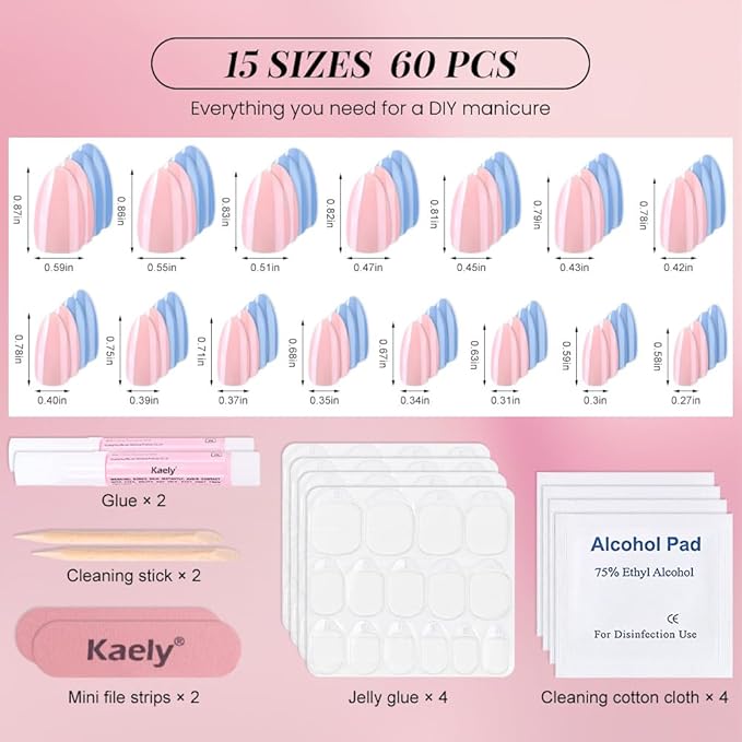 Chrome Pink and Blue Press On Nails Short Almond 60 Pcs Kit, Designer Reusable Acrylic Fake Nails with Glue, Glossy Soft Gel Nails for Women Wedding Party Gift - Stick On Glue On Nails Kit