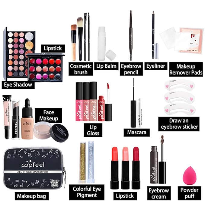 All In One Makeup Kit for Women Full Gift Surprise Makeup Set Includes Makeup Brush Set Eyeshadow Palette, Lip Gloss Set, Liquid Lipstick, Makeup Sponge, Foundation, Concealer, Eyebrow Pencil, Blush and etc (KIT004)-VivaGrace Women