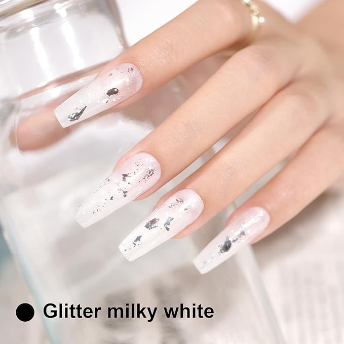 L'UGX Milky White Glitter Gel Nail Polish 15ML Neutral Sparkle Sheer Gel Polish U V Jelly Translucent Natural French Gel Nail Color for DIY Manicure at Home Salon Holiday Gifts for Women