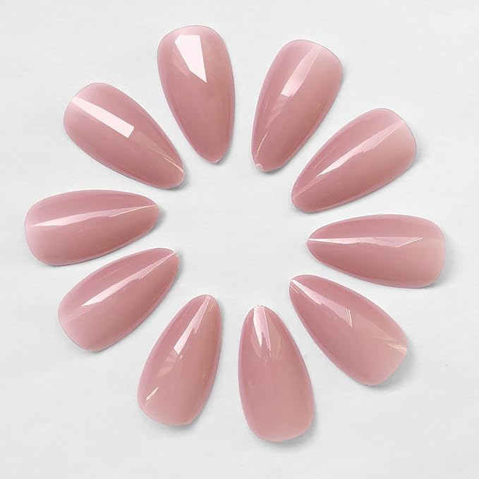 LoveOurHome 240pc Nude Almond Press on Nails Medium Fake Nails Nude Glue on Nails Short Stiletto Nails Press ons Full Cover Artificial Nail Tips Women Girls False Fingernail with Glue Adhesive Tabs