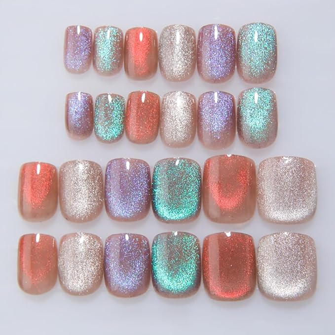 Spring Press on Nails Short Square Four-Color Combination Cat Eye Press on Nails Fashion Gel Fake Nails, Reusable Acrylic Fake Nails Glossy Stick on Nails for Women Glue on Nails Kit, Iridescent Jewel