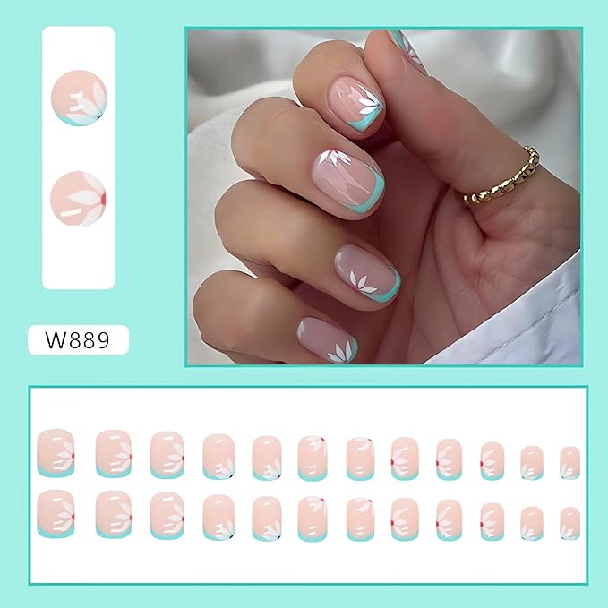 Elegant Light Green False Nails - 24 Pcs Press On Nails with White Flower Designs, French Acrylic Tips, Full Cover Glue On Nails