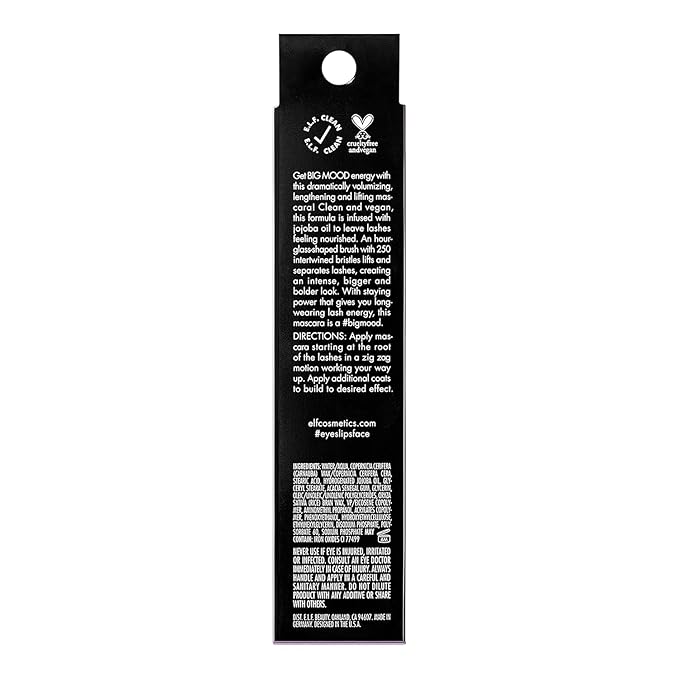 e.l.f. Big Mood Mascara, Instantly Creates Long-Lasting, Bold & Lifted, Voluminous Lashes, Infused with Jojoba Wax, Black, 0.30 fl Oz