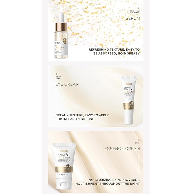 Snail Mucin Skin Care Set,Gold Snail Serum,Ginseng Snail Eye Cream,Snail Essence Cream 3 in 1 Essentials Travel,Improve Damaged Skin Lmproves Elasticity and Minimizes Pores(3pcs)-VivaGrace Women