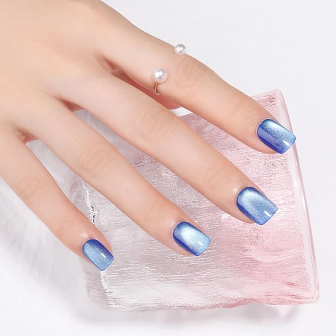 Blue Press on Nails Short Square, Cat Eye Press on Nails, Fashion Gel Fake Nails, Reusable Acrylic Fake Nails, Glossy Stick on Nails for Women Girls Gift, Glue on Nails Kit, Ice Blue