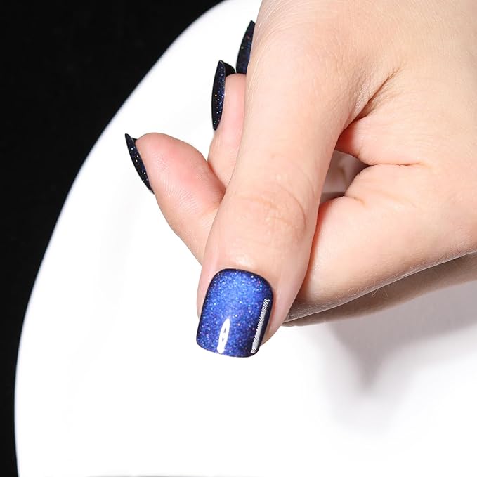 Dark Blue Press on Nails Short, Cat Eye Press on Nails Square, Fashion Gel Fake Nails, Reusable Acrylic Fake Nails, Glossy Stick on Nails for Women Girls Gift, Glue on Nails Kit, Starlit Abyss
