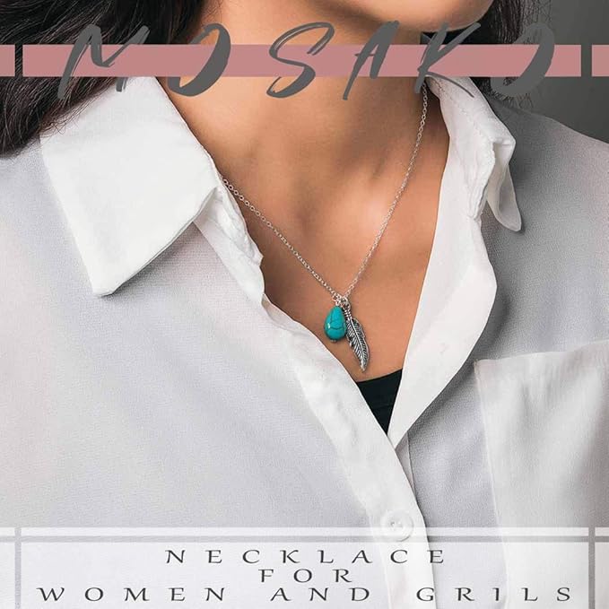 Boho Turquoise Necklaces Silver Feather Pendant Necklace Chain Short Delicate Dainty Necklaces Jewelry for Women-VivaGrace Women
