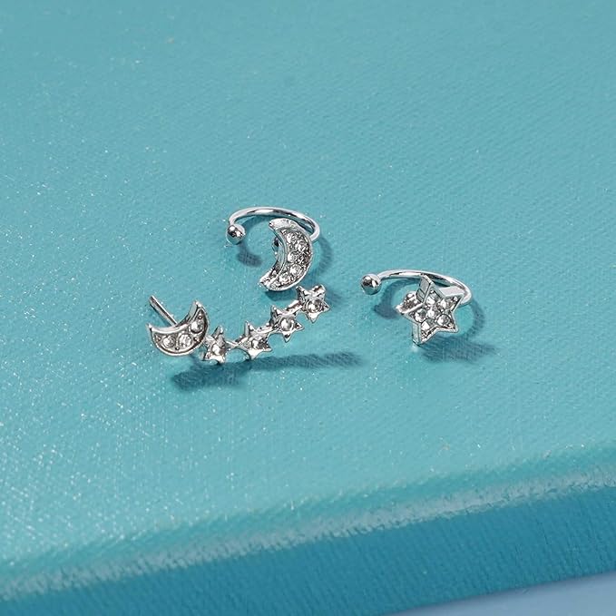 Boho Moon Star Ear Climber Earrings Silver Cz Star Ear Crawler Earrings Vintage Rhinestone Moon Cuff Earrings Cartilage Star Trailing Earrings Celestial Jewelry for Women and Girls Gifts-VivaGrace Women