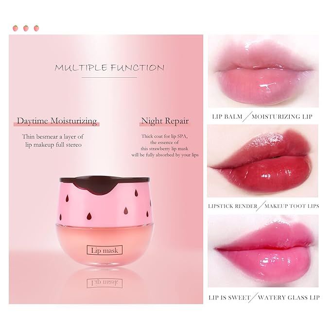 2PCs Strawberry Lip Sleeping Mask,Bee Lip Balm Honey Pot, Bee Lip Honey Pot with Wand Nourishes Lips, Overnight Strawberry Propolis Honey Balm Lip Mask for Lip Care Moisturize Lip Skin-VivaGrace Women