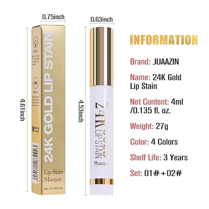 2Pcs 2025 New 24K Gold Liquid Lip Gloss Peel Off Lip Stain Tattoo with Tweezer, Lips Stain Peel Off Masque, Long Lasting Waterproof Lip Tint Stain, Transfer-proof for All Skin Types 01#+02#-VivaGrace Women