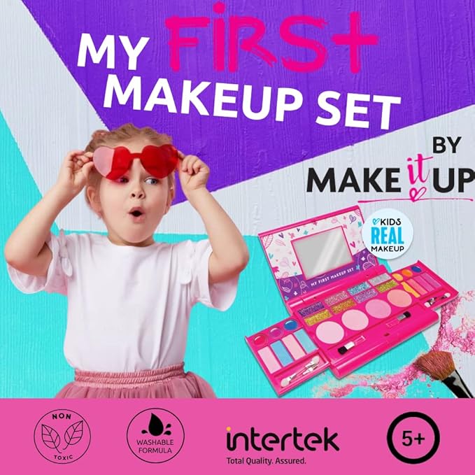 My First Makeup Set for Young Girls I Kids Makeup Kit for Little Girls I Foldable Makeup Palette with Makeup Mirror I Pink Set Makeup for Kids Vanity I Original Design Washable Toddler Makeup Kit Gift-VivaGrace Women