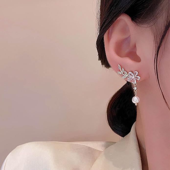 Vintage Crystal Flower Ear Climber Earrings Rhinestone Pearl Dangle Earrings Gold Cz Chain Tassel Earrings Sparkly Pearl Drop Earrings Jewelry for Women-VivaGrace Women