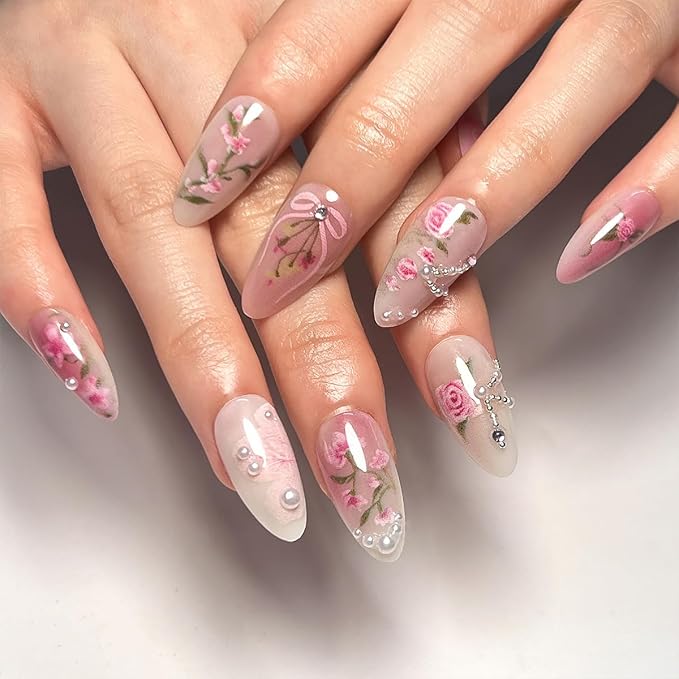 24Pcs Peach Blossom Press on Nails Short Almond Fake Nails Pink Flower False Nails with Pearl Heart Bow Design Spring Summer Artificial Nails Handmade Stick on Nails Full Cover Glue on Nails for Women