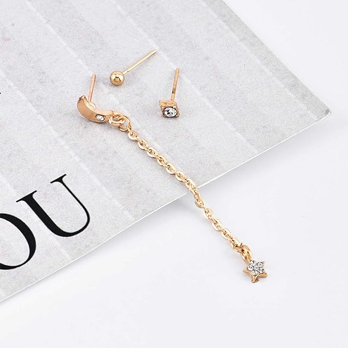 Bohemia Moon Star Dangle Earrings Gold Cz Moon Drop Chain Earrings Crystal Star Earrings Star Chain Earrings for Women and Girls-VivaGrace Women