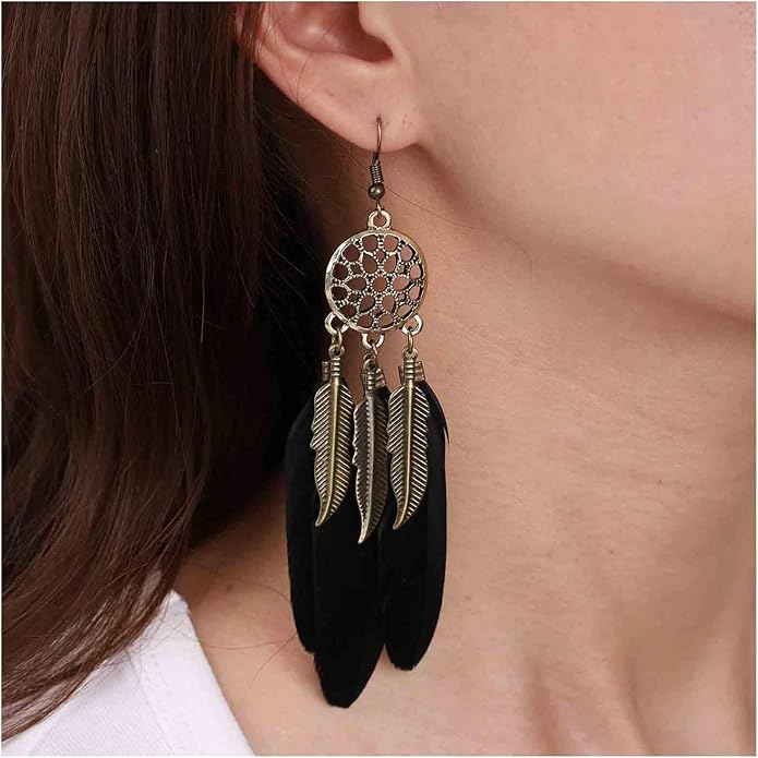 Boho Black Feather Dangle Earrings Long Feather Tassel Earrings Vintage Tribal Feather Earrings Gold Feather Drop Earrings Jewelry for Women-VivaGrace Women