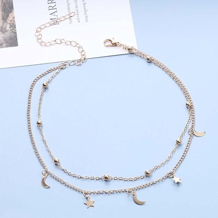 Boho Star Moon Necklace Choker Gold Layered Star Choker Necklace Crescent Moon Necklace Celestial Necklace Chain Festival Jewelry for Women and Girls-VivaGrace Women