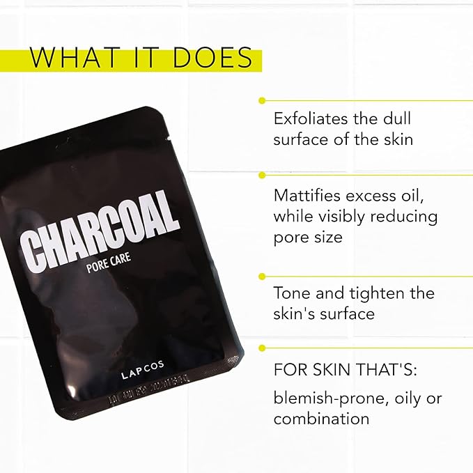 LAPCOS Charcoal Sheet Mask, Daily Face Mask with Salicylic Acid and Tea Tree Oil to Detoxify and Tighten Skin, Korean Beauty Favorite, 5-Pack-VivaGrace Women