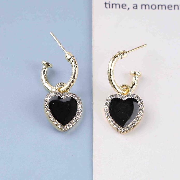 Vintage Crystal Heart Drop Earrings Black Heart Onyx Earrings Black Heart Hoop Huggie Earrings Gold Cz Love Heart Earrings Jewelry for Women-VivaGrace Women