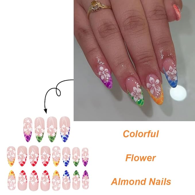 Colorful French Tips Press on Nails Medium Almond Fake Nails with White Flower Designs Spring Nails Press ons,Glossy Reusable Floral False Nails for Women Girls Manicure 24pcs