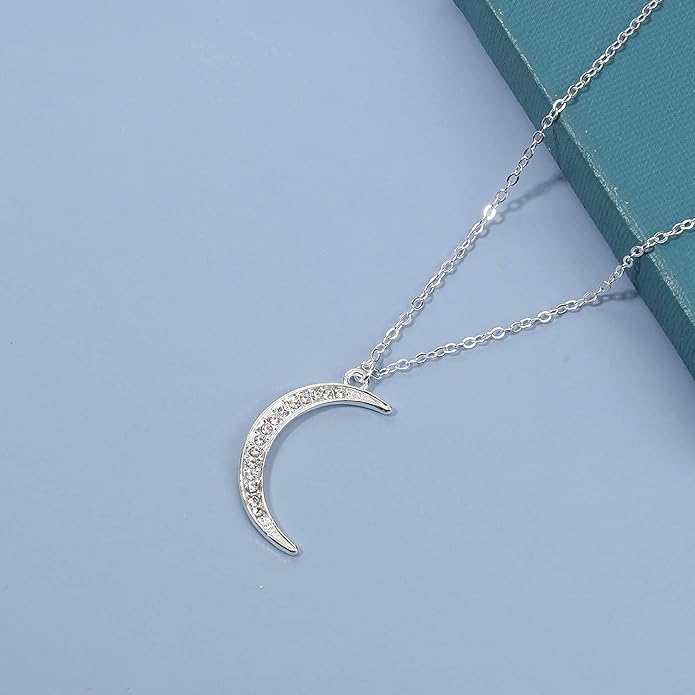Boho Rhinestone Moon Necklace CZ Crescent Pendant Necklace Chain Minimalist Necklace Festival Jewelry for Women and Teen Girls-VivaGrace Women