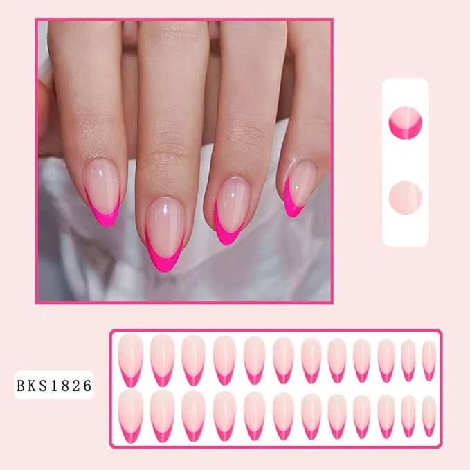 Pink French Tip Fake Nails Medium Almond Nude with Design Glossy Glue on Reusable Artificial Acrylic Stick on Nails For Women Girls Gift 24pcs