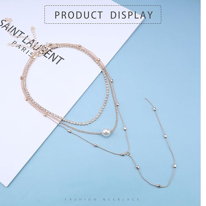 Bohemia Layered Y Lariat Choker Necklace Long Rhinestone Tennis Chain Necklace Floating Pearl Choker Necklace Gold Y Drop Necklace Chain Jewelry for Women and Girls-VivaGrace Women