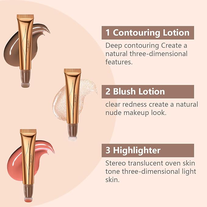 Liquid Contour Beauty Wand Set,Blush Liquid Contour Stick Highlighter Makeup With Cushion Applicator,Long Lasting Smooth Natural Matte Finish,Lightweight Blendable Super Silky Cream Sticks (01#02#04)-VivaGrace Women