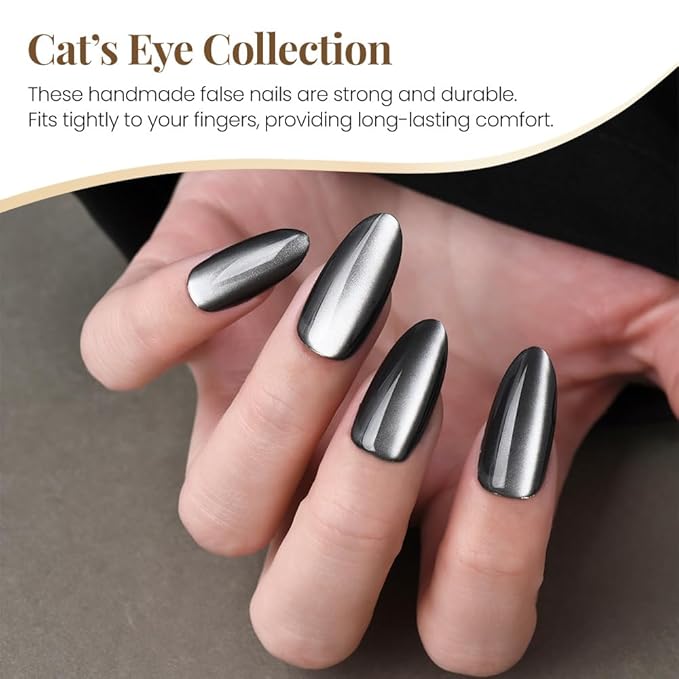 Press On Nails Almond, Shifting Black and Silver Cat Eye Press On Nails Short, Reusable Acrylic Fake Nails, Fashion Gel Fake Nails for Women, Glossy Glue On Nails Kit, Silver Seraph